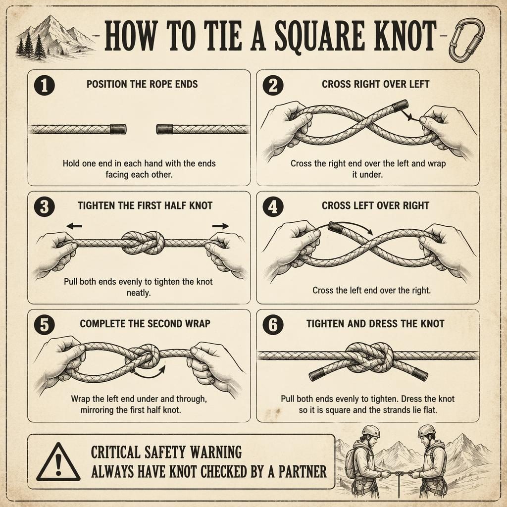 Infografika se 6 kroky v mřížce ukazuje vázání square knot na laně, ve vintage skautském stylu s varováním.
