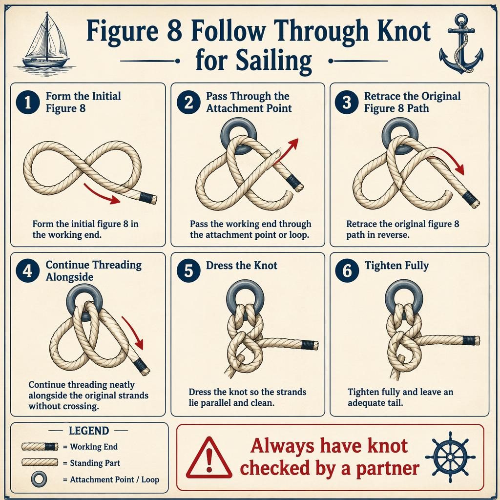 Vintage-style sailing infographic with 6 step cards showing a figure 8 follow through knot and safety callout box.