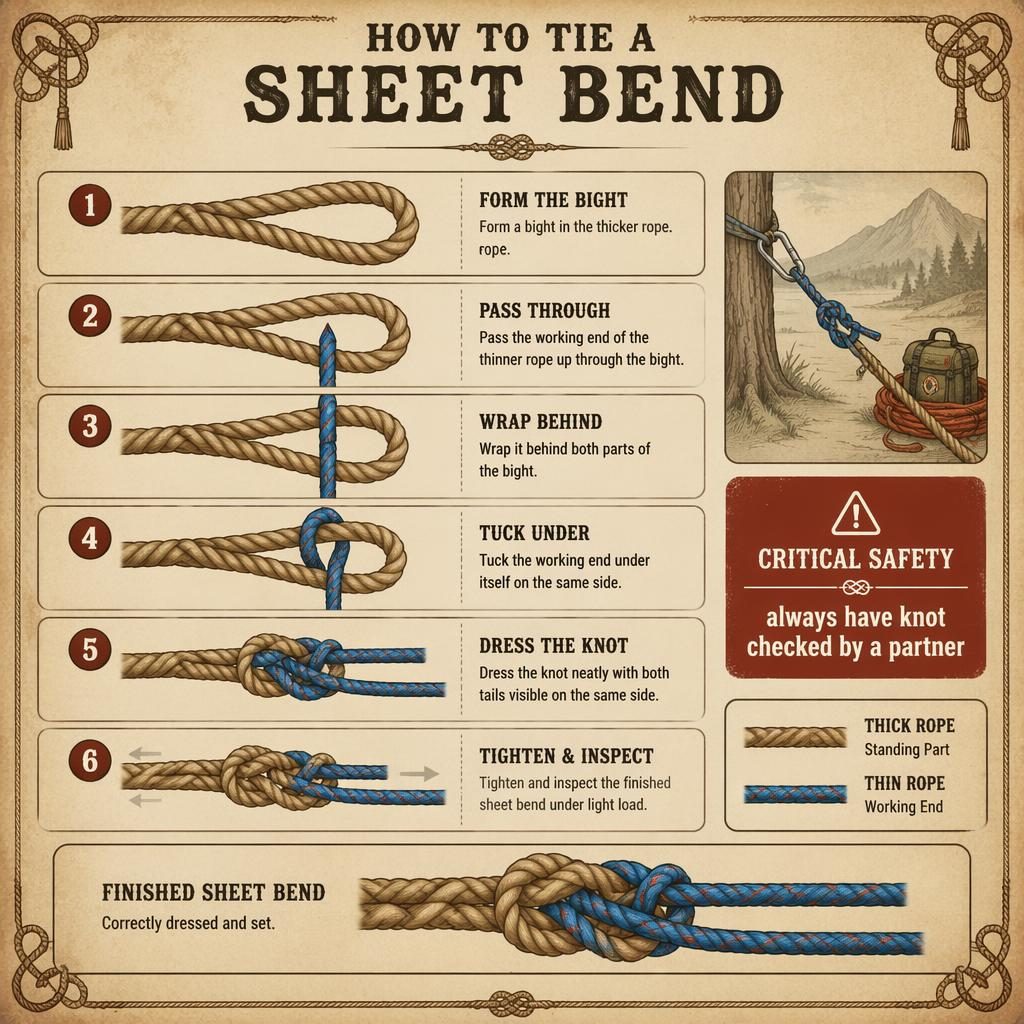 Vertical 6-step sheet bend infographic with two ropes, vintage parchment style, rescue safety callout, and ornament motifs.