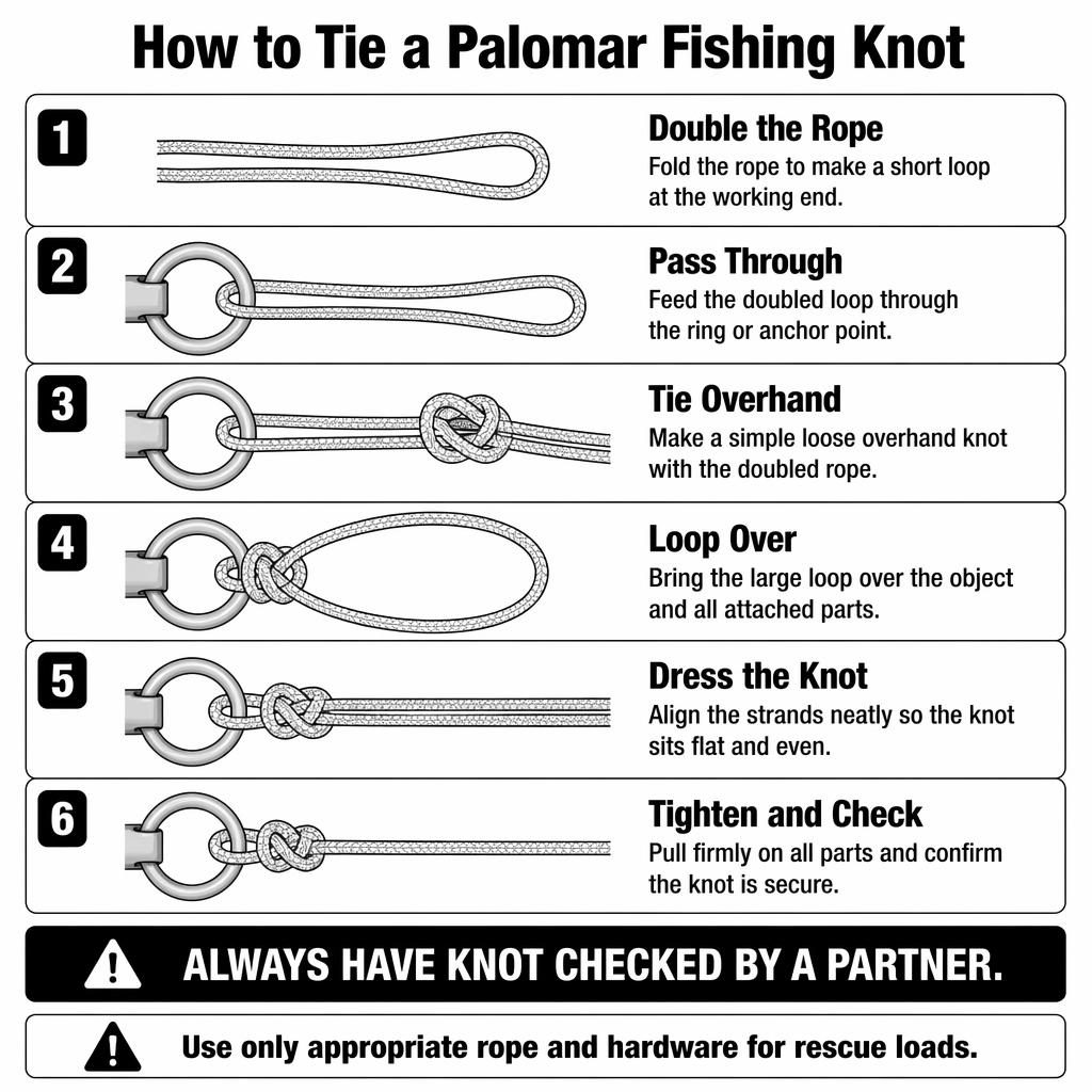 Monochrome 6-step infographic showing how to tie a Palomar fishing knot with rope, ring, and safety callout.