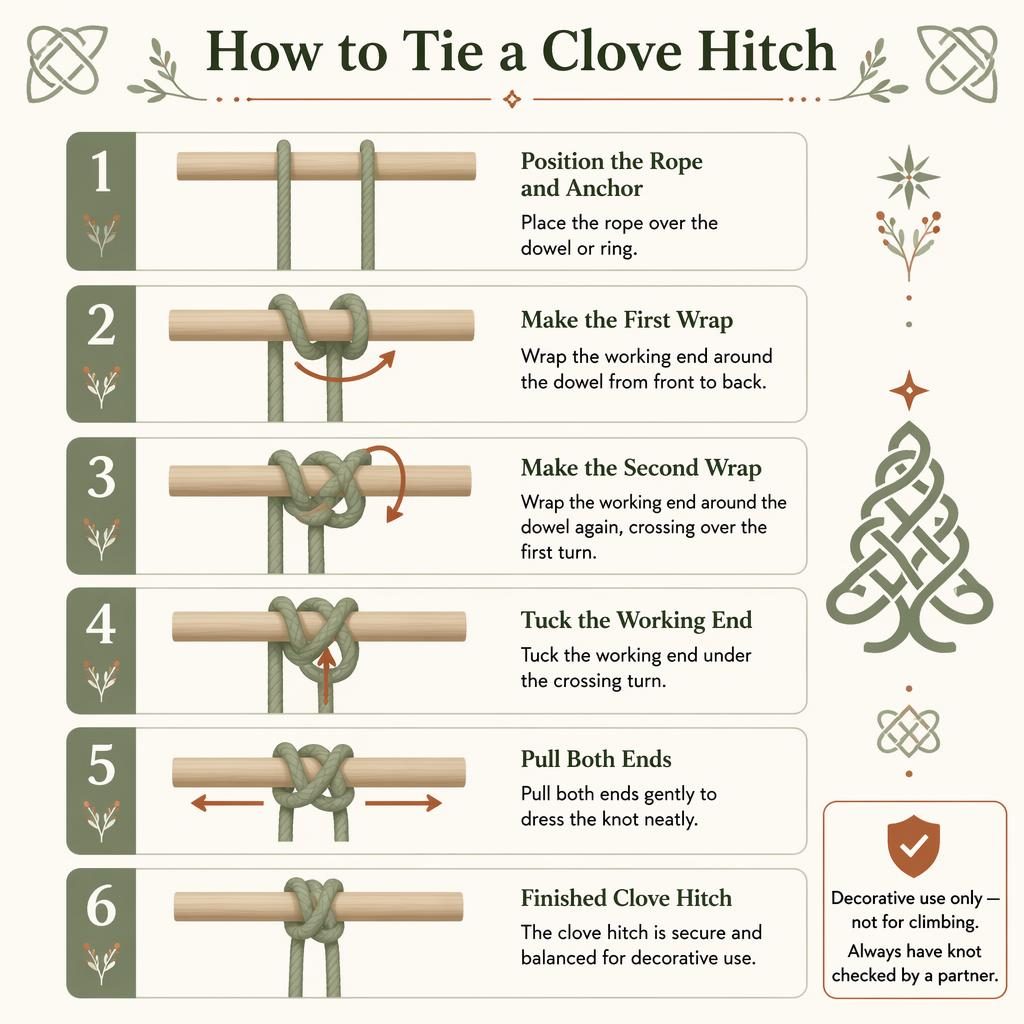 Vertical 6-step clove hitch infographic with rope illustrations, sage and rust palette, arrows, safety callout, and celtic knot christmas tree motifs.