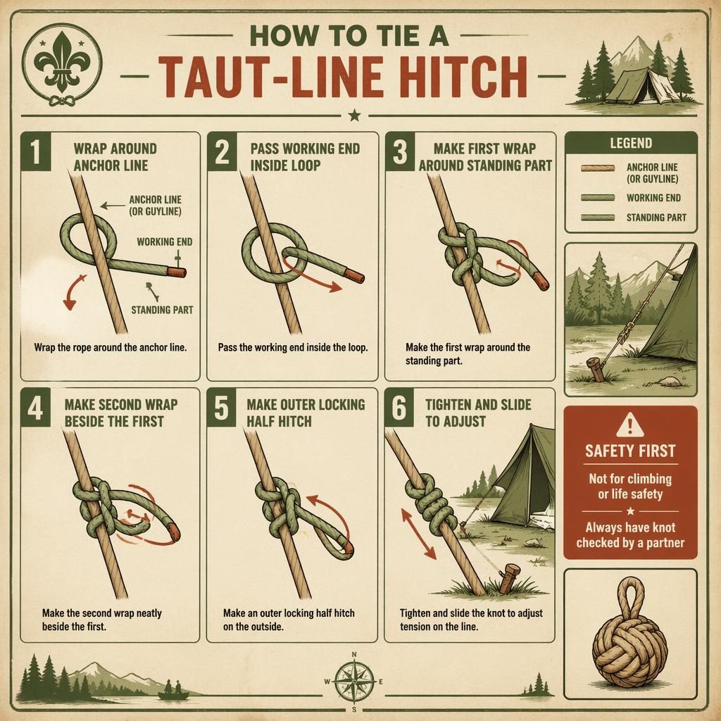 Vintage scout-style infographic showing 6 steps to tie a taut-line hitch beside a tent guyline, with safety badge and decorative monkey fist.
