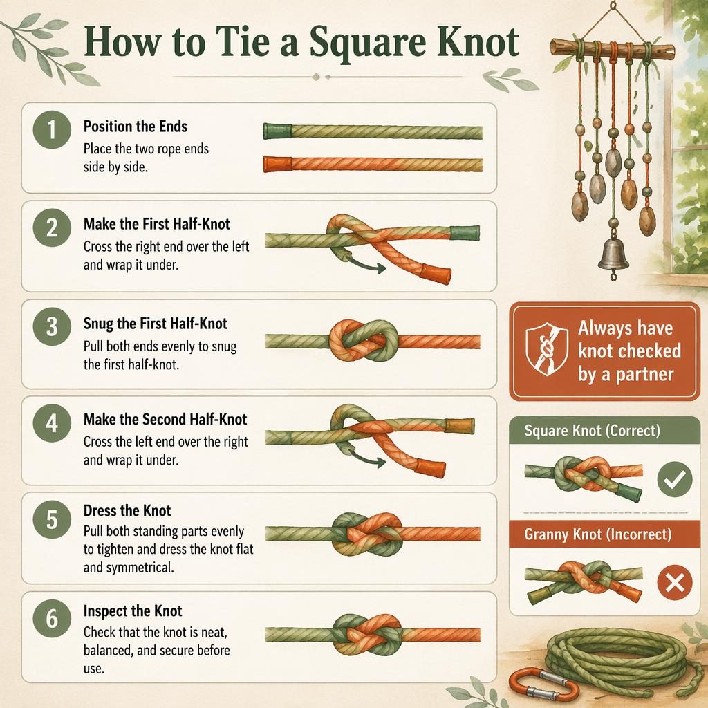 Vertical 6-step square knot infographic in watercolor style with safety callout and square knot vs granny knot panel.