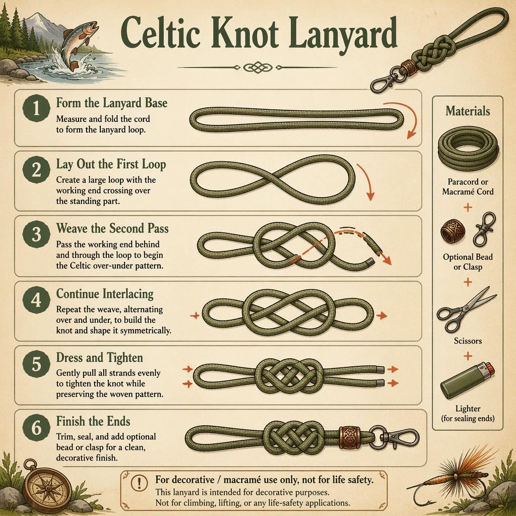 Vertical 6-step infographic showing how to tie a Celtic knot lanyard with cord, arrows, scissors, bead or clasp icons.