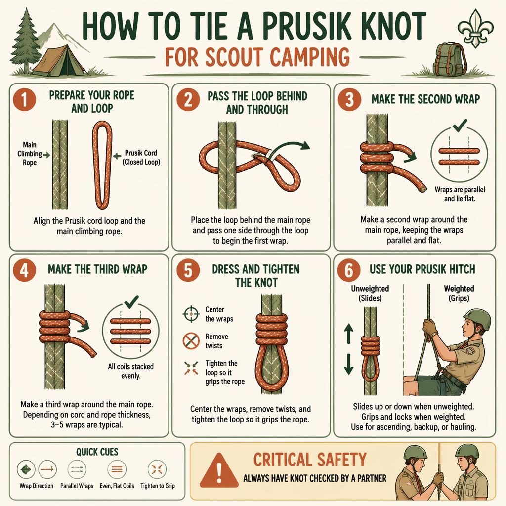 6-step Prusik knot infographic for scout camping with rope wraps, safety callout, and sage rust sketchnote style