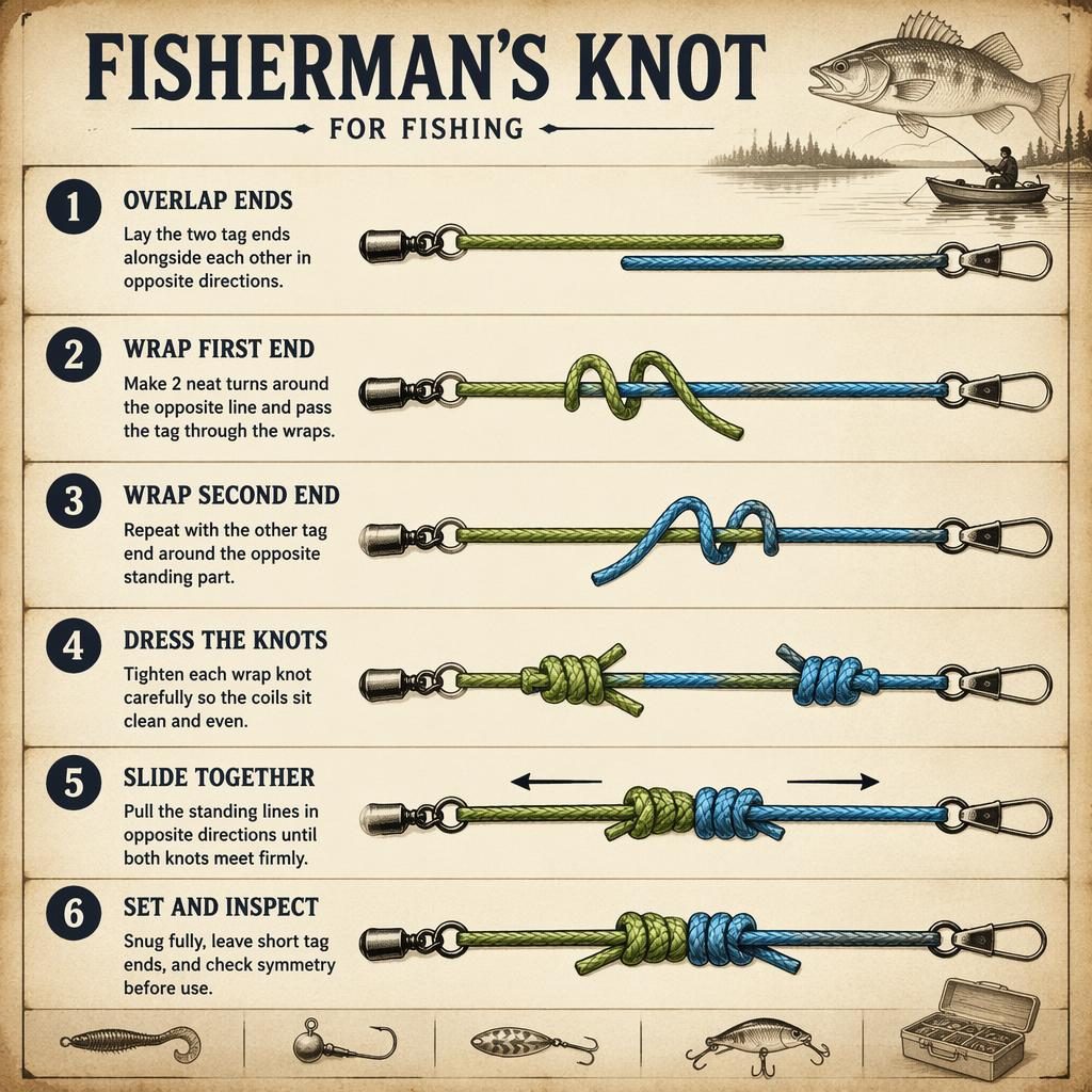 Vertical 6-step fisherman's knot fishing infographic on parchment with rope diagrams, numbered cards, and tackle cue