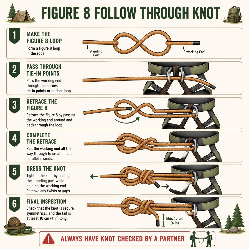 Vertical 6-step rope infographic showing a figure 8 follow through knot with safety warning and small camping icons.