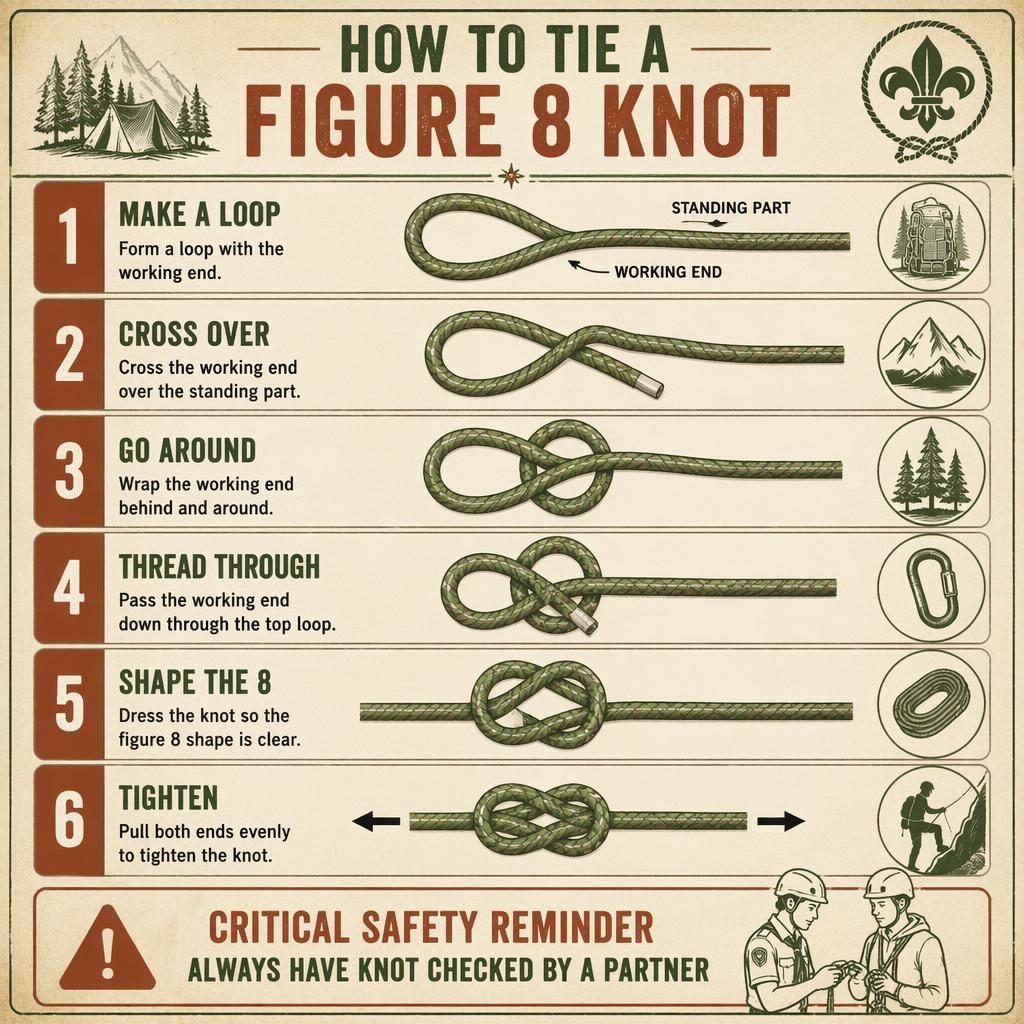 Vertical 6-step figure 8 knot infographic with rope diagrams, English labels, sage and rust palette, and safety callout.
