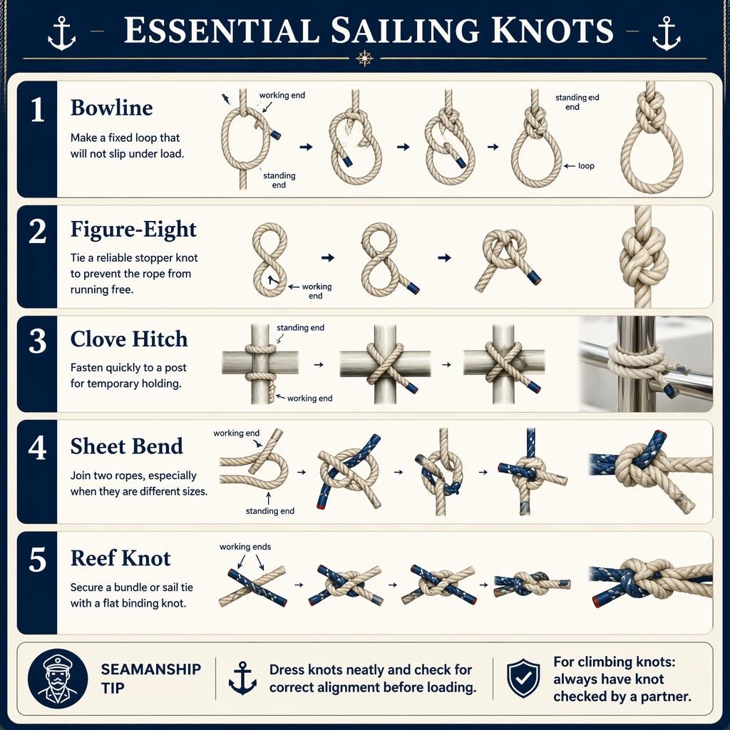 Vertical infographic showing 5 sailing knots: Bowline, Figure-Eight, Clove Hitch, Sheet Bend, and Reef Knot.
