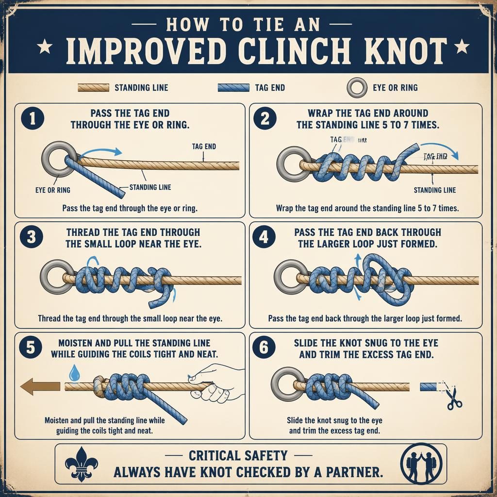Vintage scout-style 6-step rope infographic showing an improved clinch knot with arrows, labels, and safety callout.
