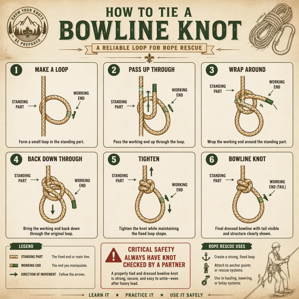 Vintage-style infographic with 6 numbered cards showing how to tie a bowline knot, arrows, labels, and safety callout