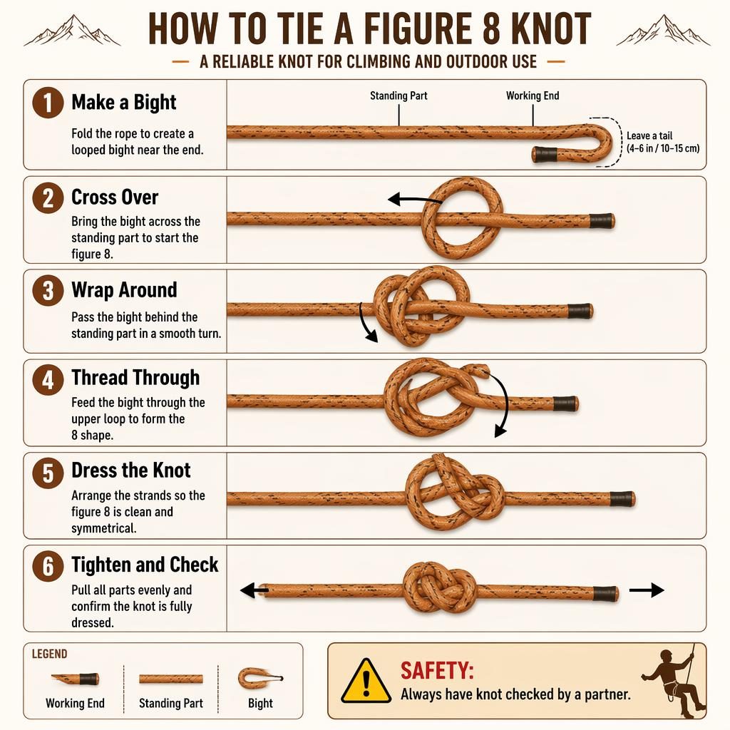 Vertical 6-step infographic showing how to tie a figure 8 knot with rope, English labels, captions, and safety callout.