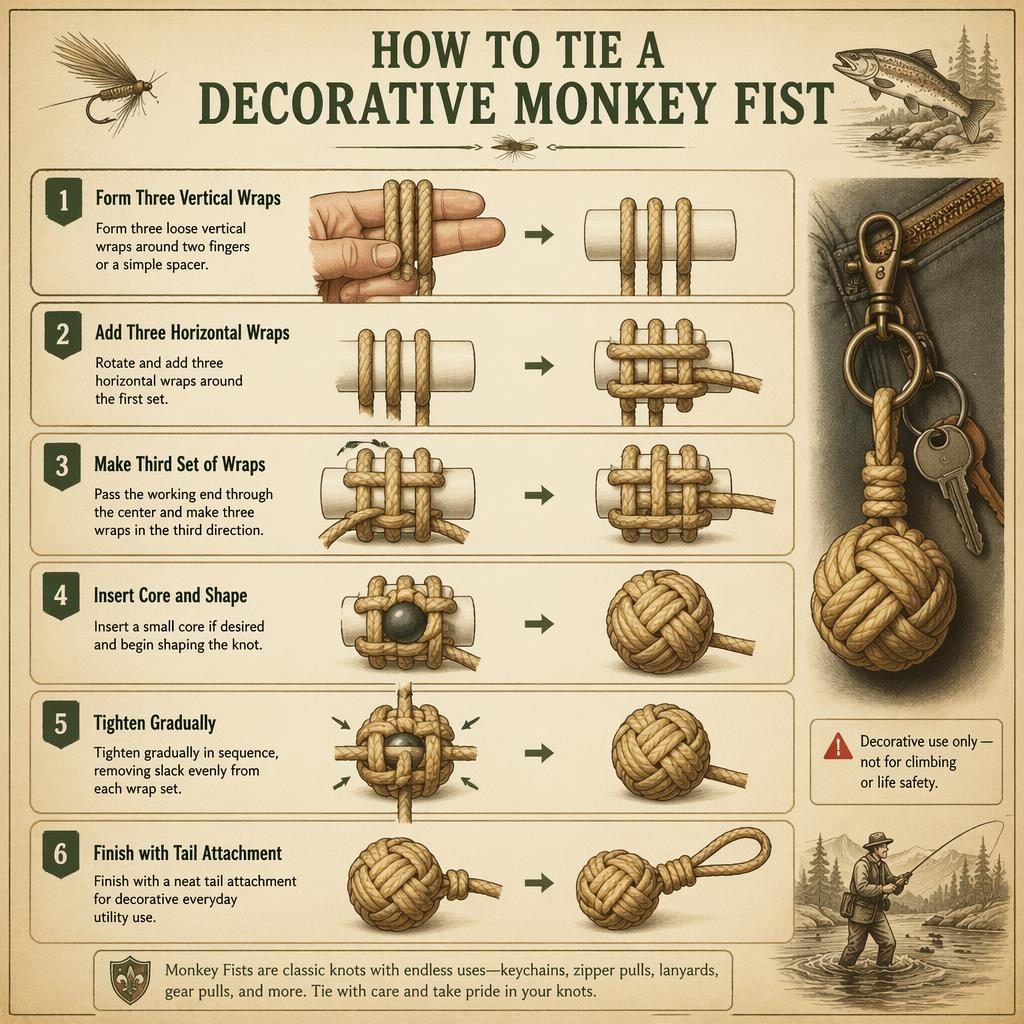 Vertical 6-step monkey fist infographic in vintage scout handbook style with rope wraps, captions, and safety note.