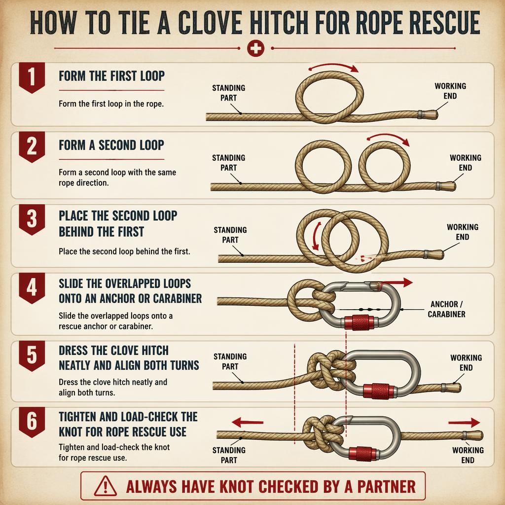 Vertical 6-step clove hitch rope rescue infographic with arrows, labels, carabiner, and safety callout on parchment.