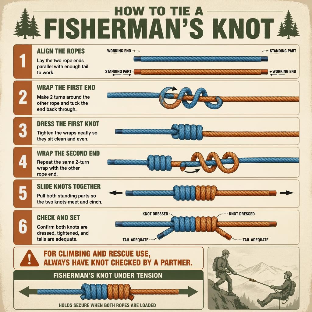 Vertical 6-step fisherman's knot infographic with vintage scout style, sage and rust palette, aged paper, and safety callout.