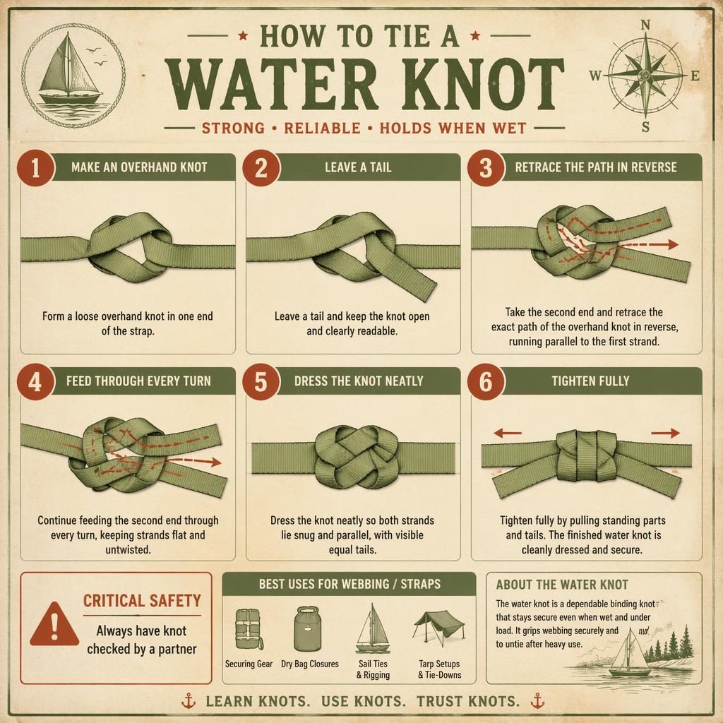 Vintage-style 6-step knot infographic showing a flat strap water knot with sage and rust colors on aged paper.