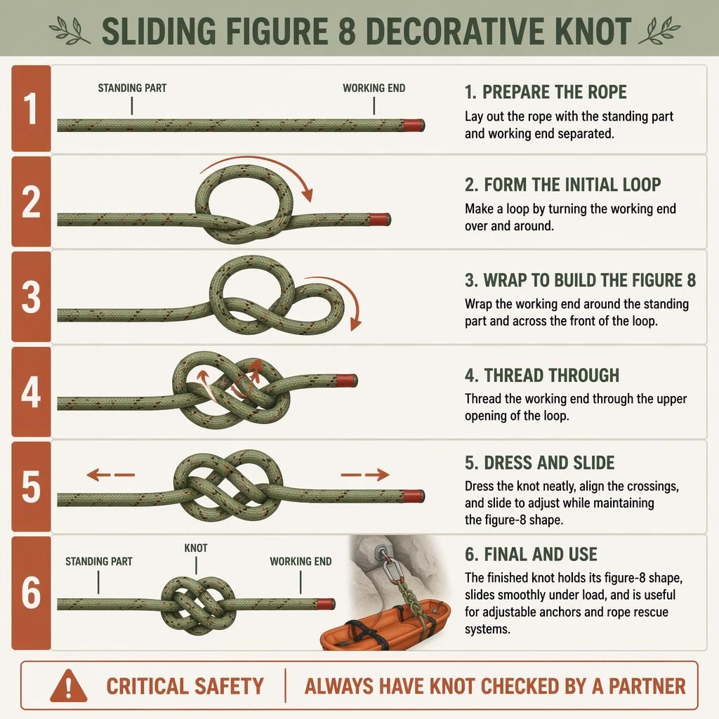 Vertical 6-step infographic showing how to tie a sliding figure 8 decorative knot with rope rescue safety callout.