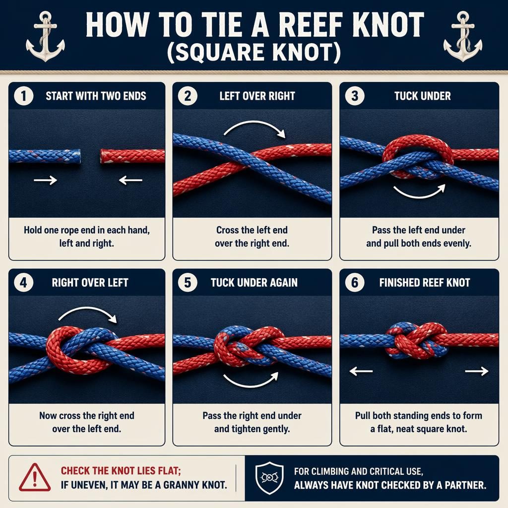 Infographic met 6 stappen voor een platte knoop, bovenaanzicht van contrasterende touwen op marineblauwe en crèmekleurige achtergrond.