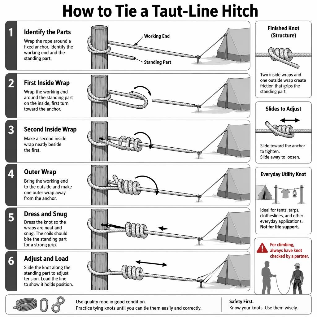 Vertical 6-step monochrome infographic showing how to tie a taut-line hitch on a rope fixed to an anchor with arrows and knot inset.