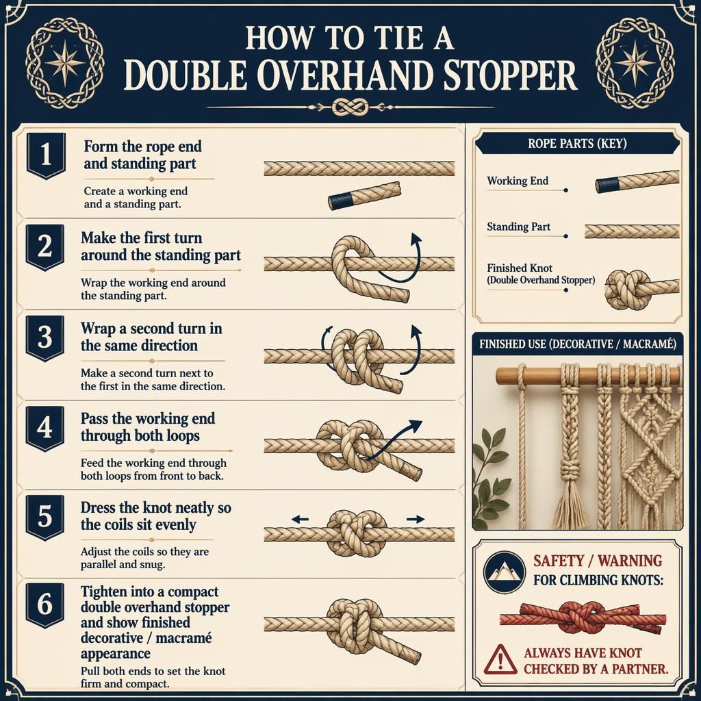 Vertical 6-step infographic showing how to tie a double overhand stopper in navy and cream vintage scout style.