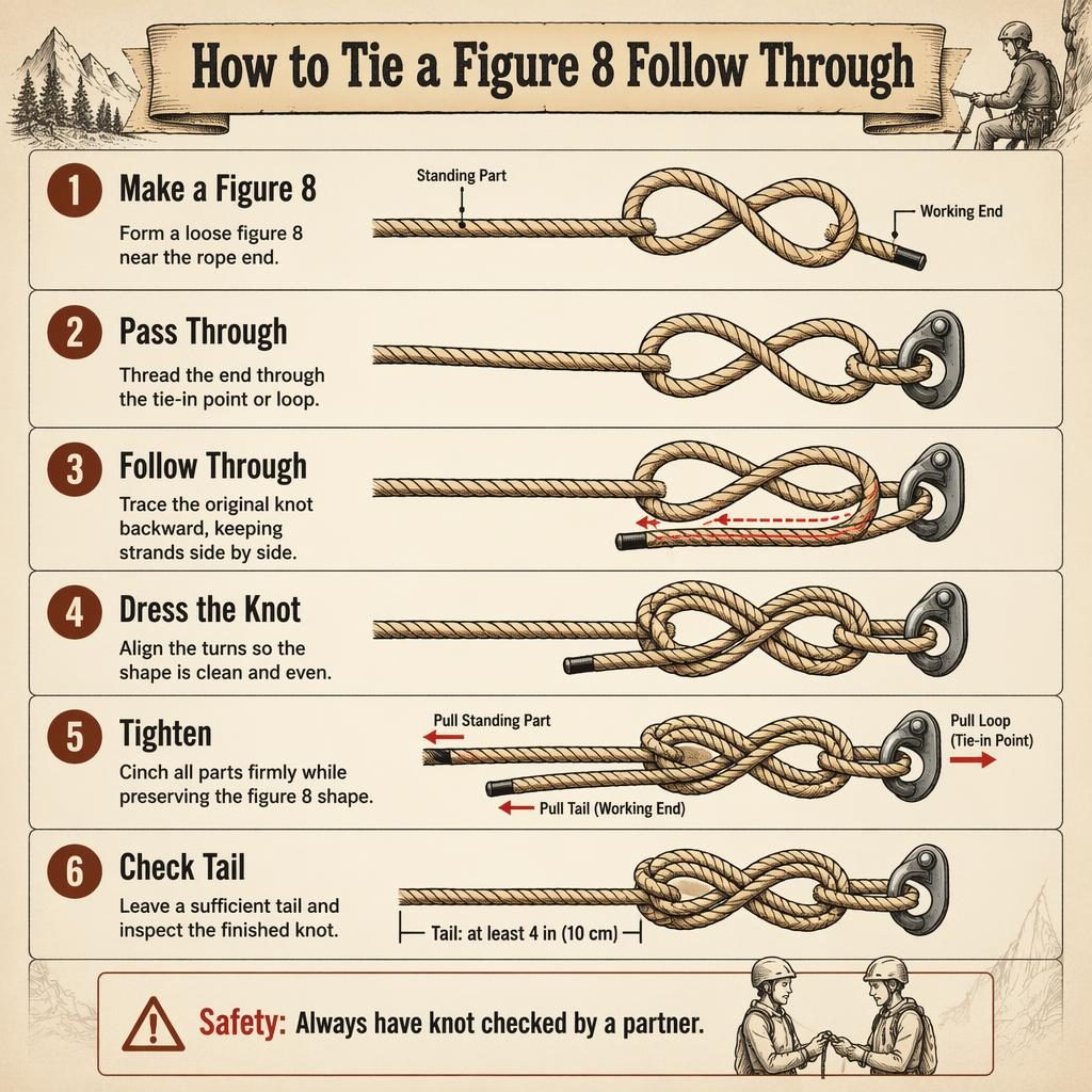 Vertical 6-step knot infographic showing a figure 8 follow through with rope path, captions, and safety callout.