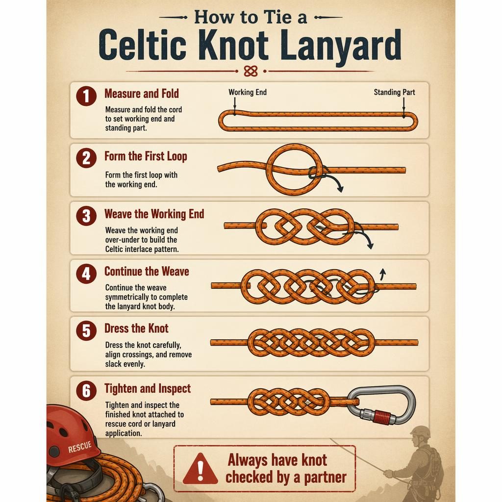 Vertical 6-step infographic showing how to tie a Celtic knot lanyard with rope diagrams and safety callout.