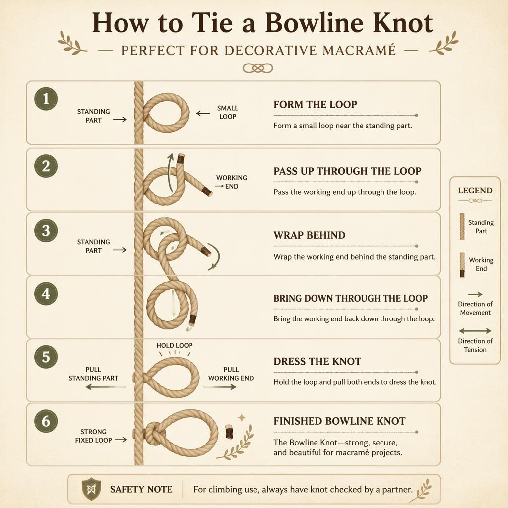 Vertical infographic showing 6 bowline knot steps with rope paths, arrows, labels, and a safety note on parchment.