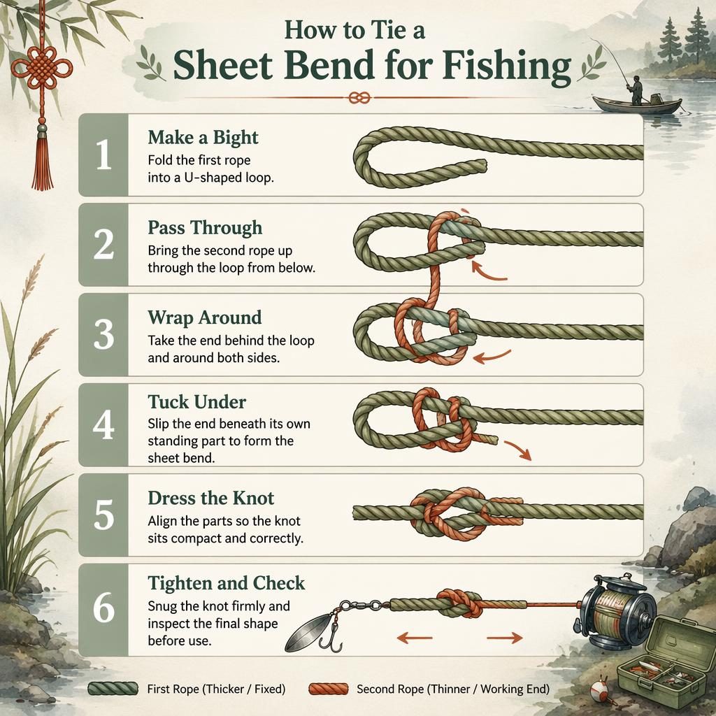 Vertical 6-step infographic showing how to tie a sheet bend for fishing, with watercolor rope illustrations and tackle accents.