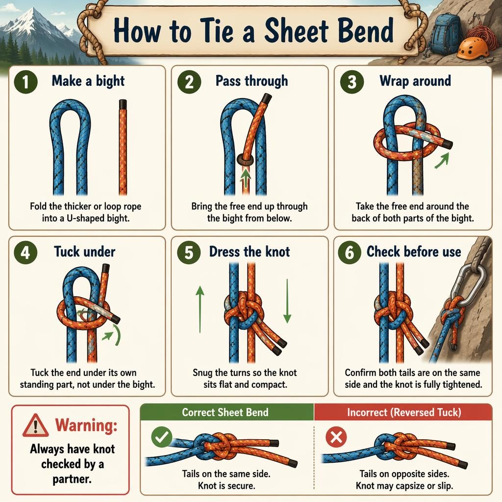 6-step sheet bend infographic with rope diagrams, arrows, safety warning, and correct vs incorrect tuck inset.