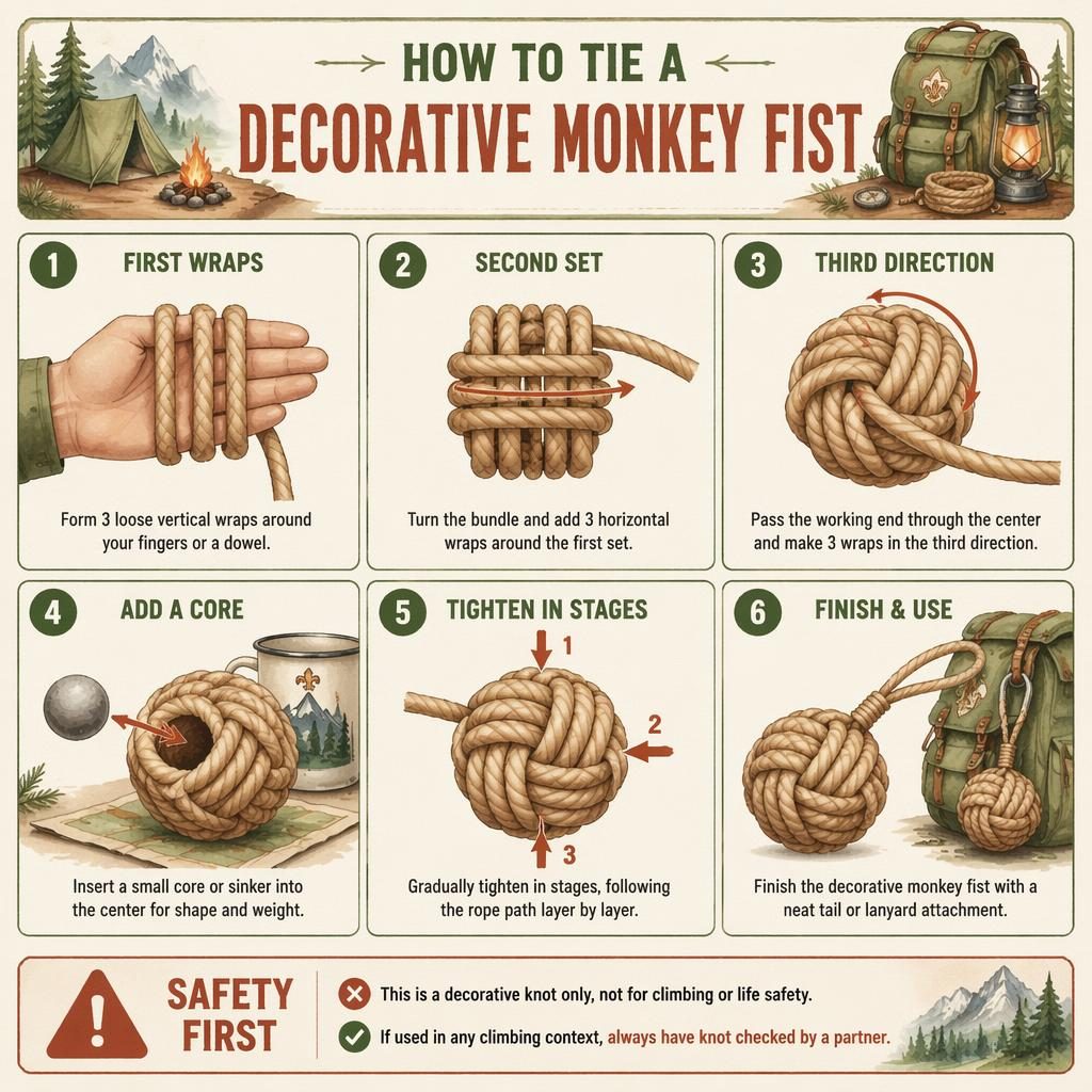 Watercolor scout-themed infographic with 6 numbered steps showing a decorative monkey fist knot and safety warning.