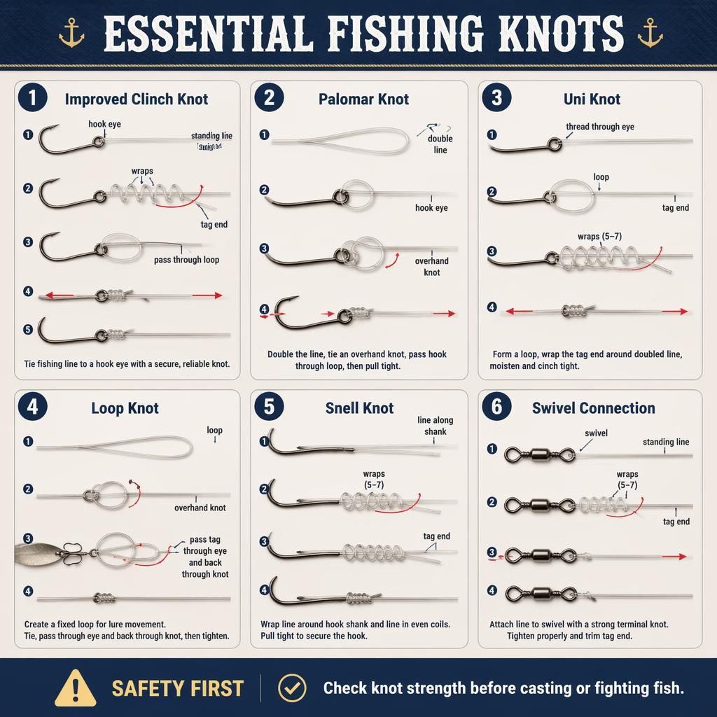 Infográfico com 6 cartões numerados mostrando nós de pesca, anzóis, giradores, setas e linha de nylon em fundo limpo.