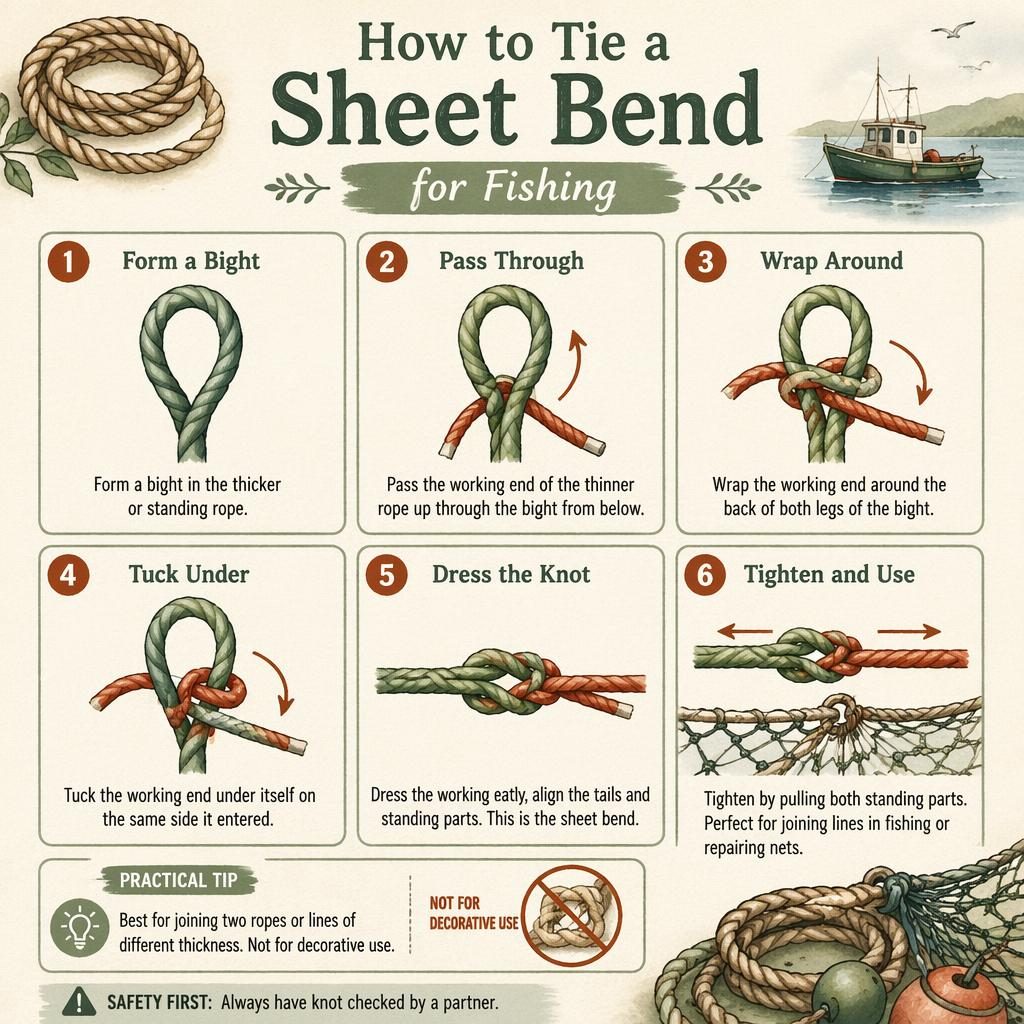 6-step sheet bend for fishing infographic with contrasting ropes, arrows, sage and rust watercolor cards, and net repair callout
