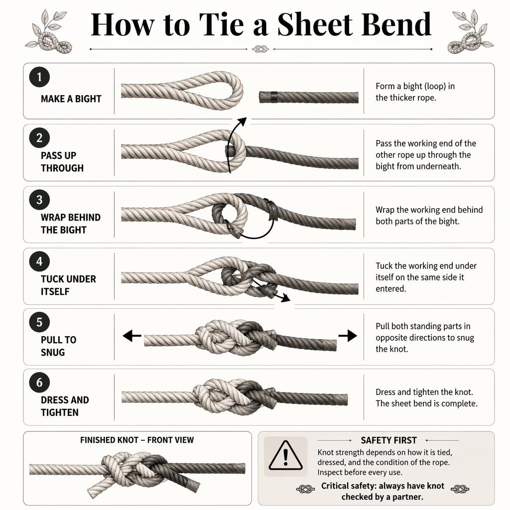 Vertical 6-step sheet bend infographic with monochrome rope diagrams, arrows, captions, final knot panel, and safety callout.
