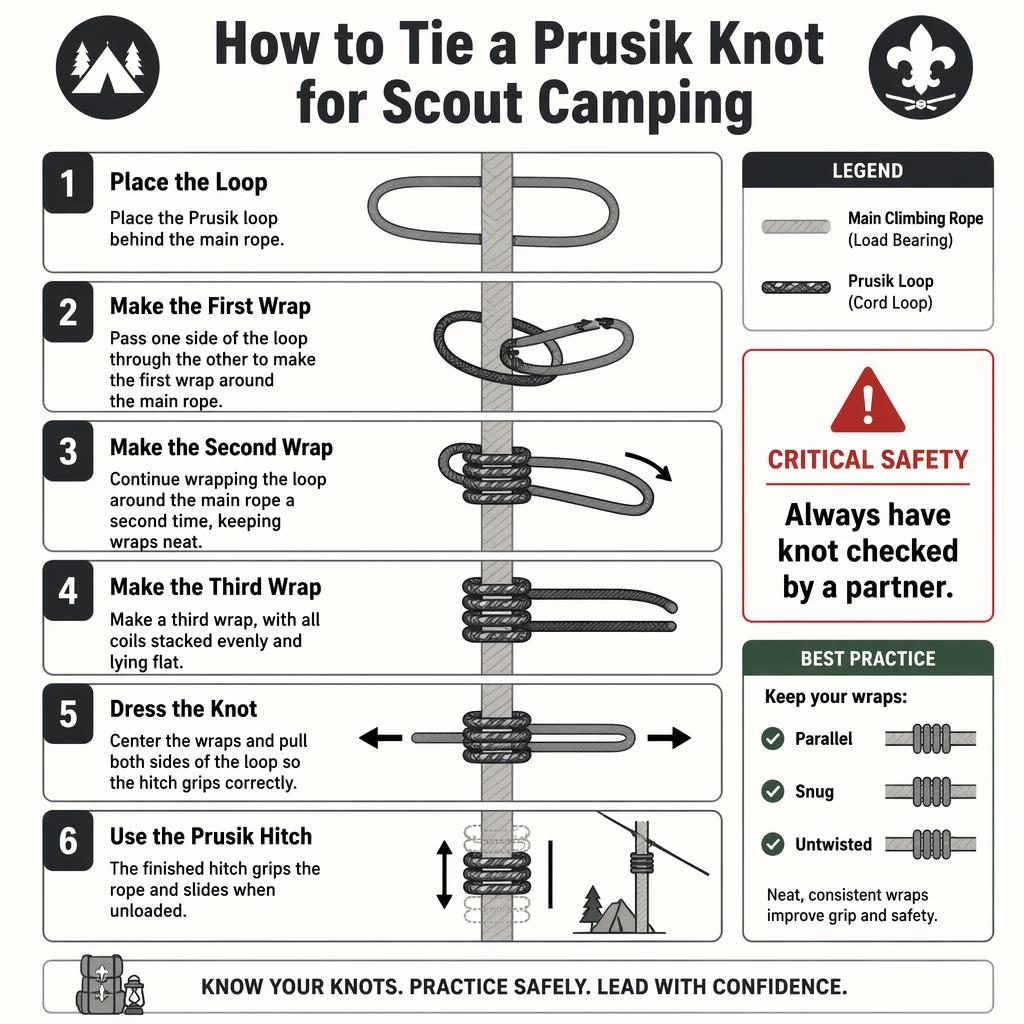 Vertical 6-step knot infographic showing a Prusik knot on a main rope with loop cord, safety callout, arrows, and scout cues.