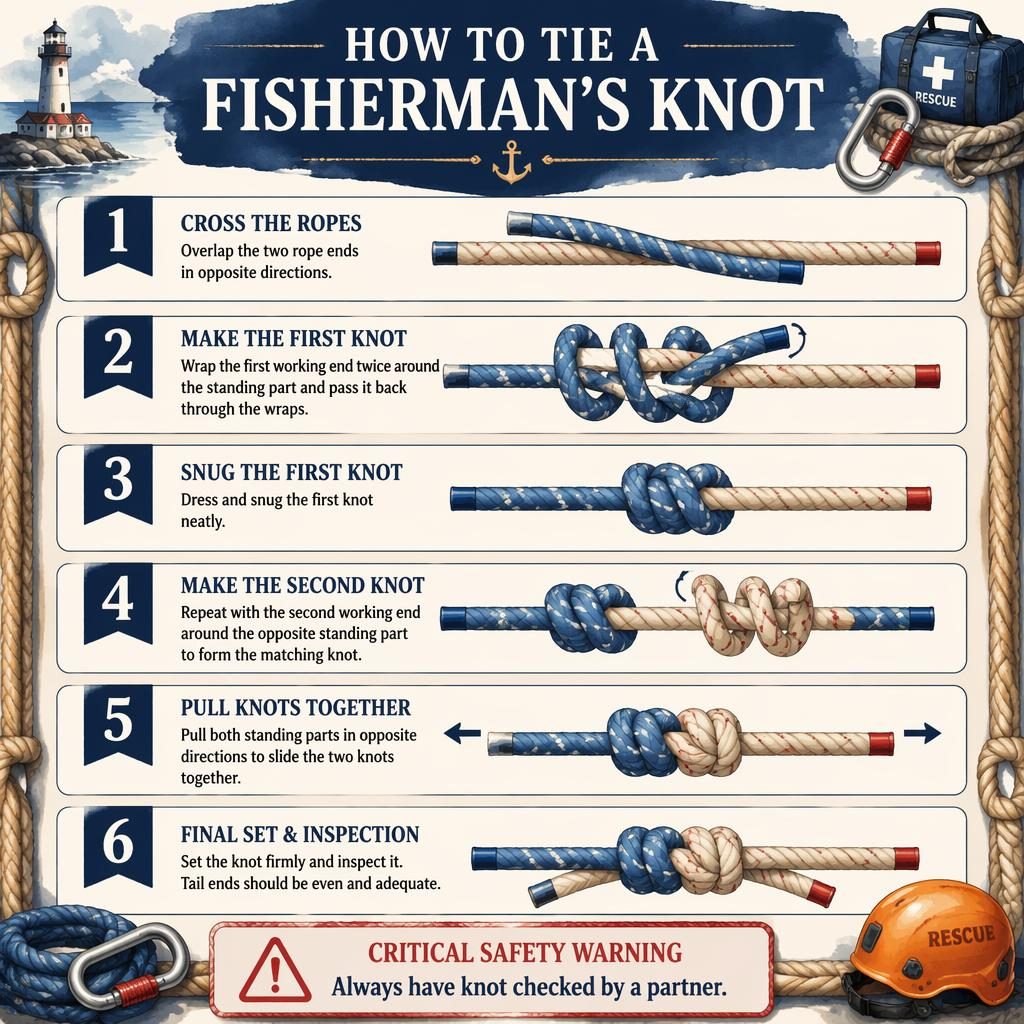 6-step vertical infographic showing how to tie a fisherman's knot with navy and cream rescue rope, safety warning included