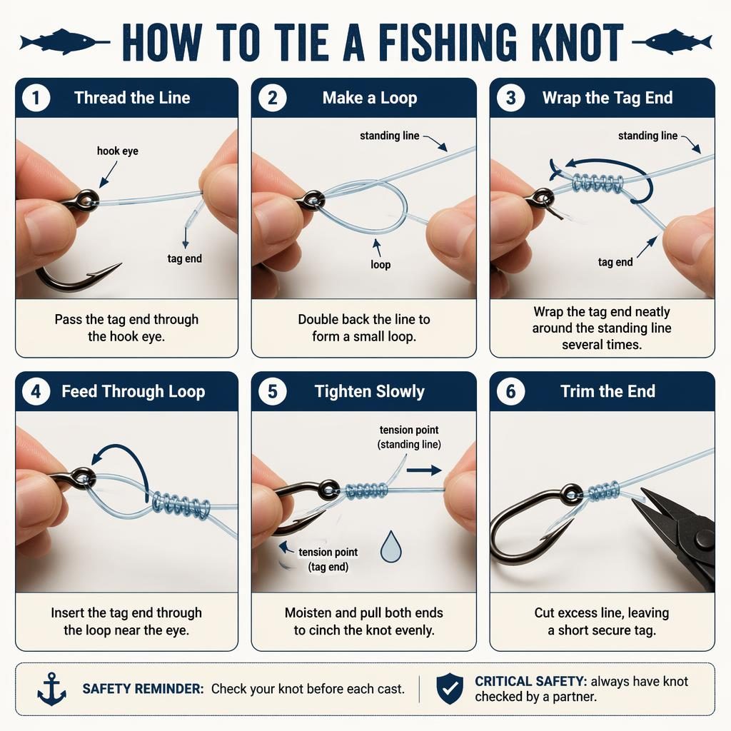 Infográfico vertical com 6 etapas mostrando mãos dando um nó de pesca com linha, anzol, setas e pontos de tensão.