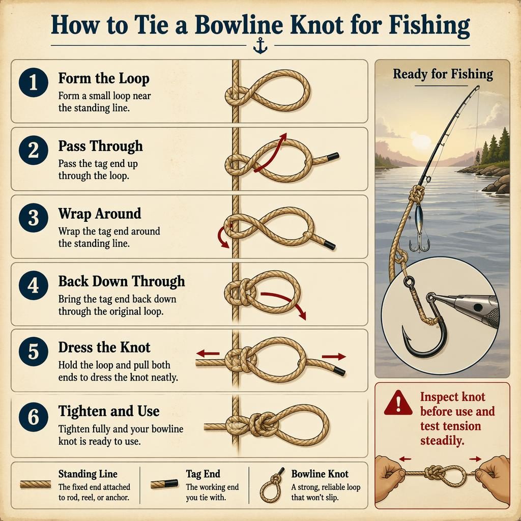 Vertical 6-step bowline knot fishing infographic with rope diagrams, arrows, safety callout, and subtle fishing tool context.