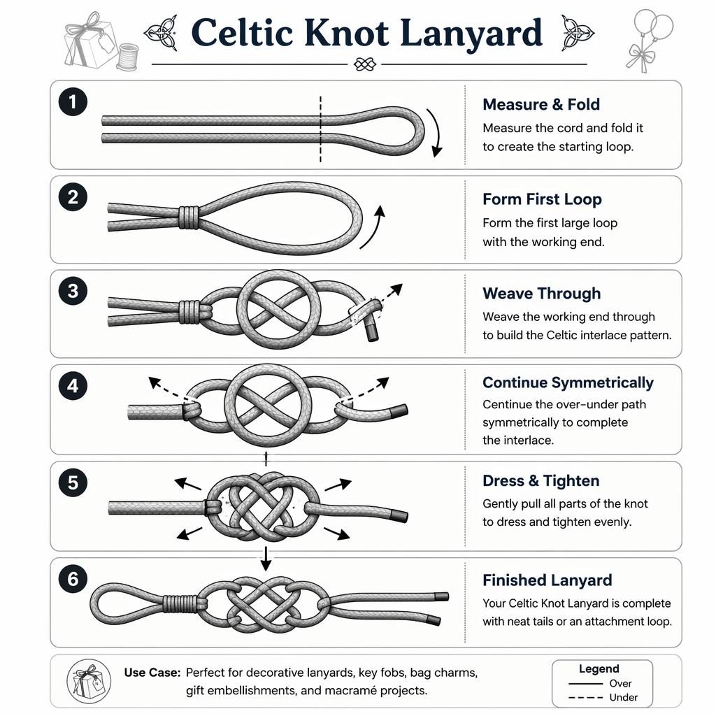 6-step Celtic Knot Lanyard infographic in monochrome schematic style with loop forming, over-under weaving, arrows, and finished knot.