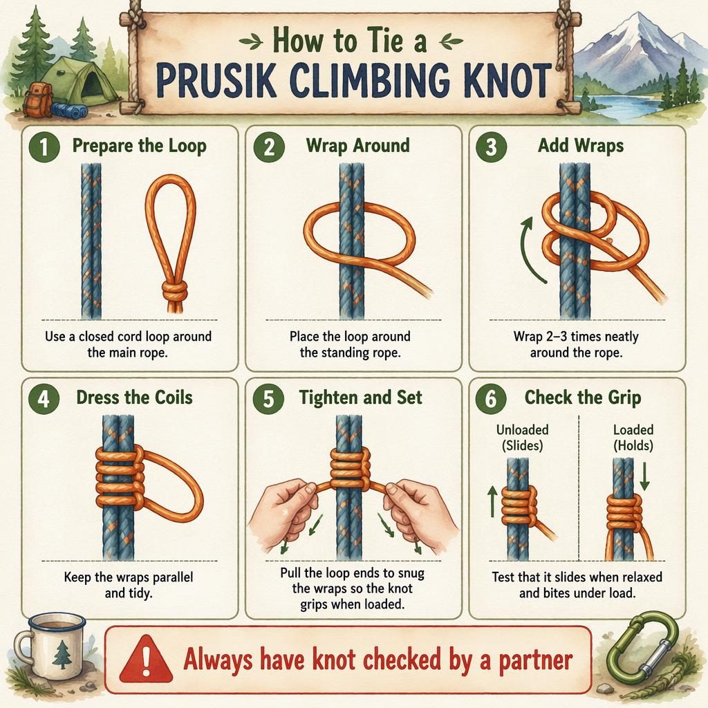 Watercolor infographic with 6 step cards showing how to tie a Prusik climbing knot, plus a partner safety callout.