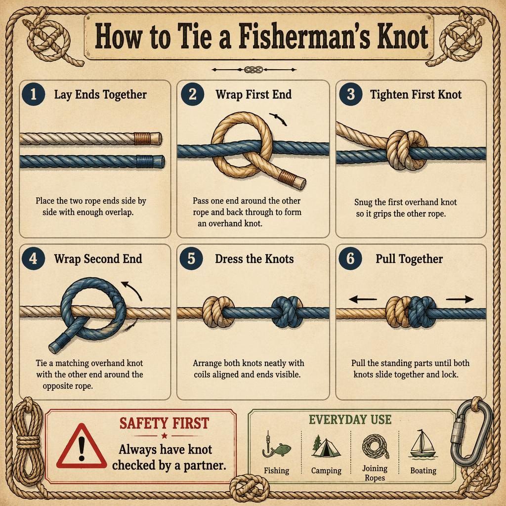 Vintage handbook-style infographic showing 6 steps to tie a fisherman’s knot with a safety callout and use note.