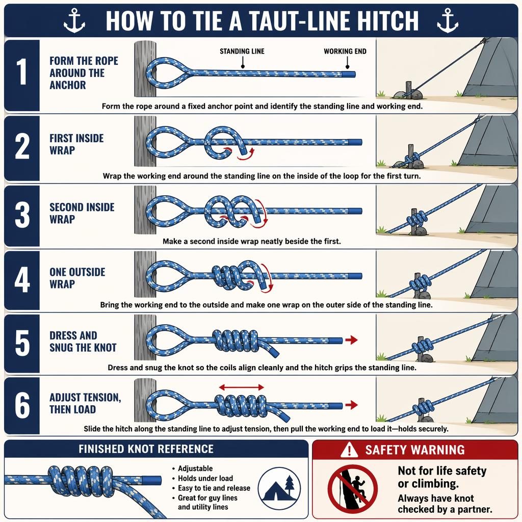 Svislá infografika v námořnické modré a krémové se 6 kroky vázání taut-line hitch u stanové šňůry.