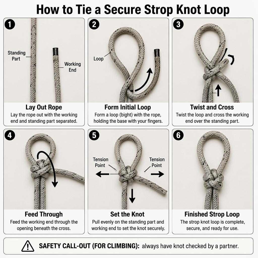 Infographic met 6 genummerde kaarten die stap voor stap een veilige stropknoop-lus tonen met touw, pijlen en labels.