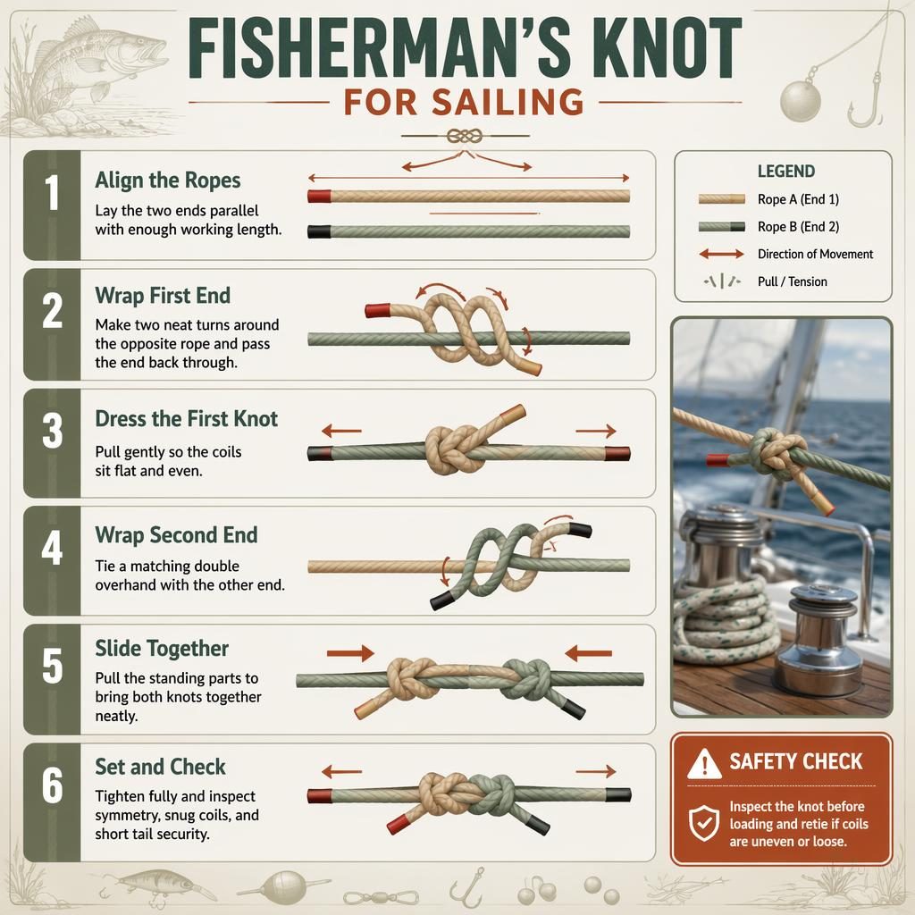 Vertical 6-step fisherman’s knot sailing infographic with rope diagrams, arrows, safety box, sailboat inset, sage and rust.