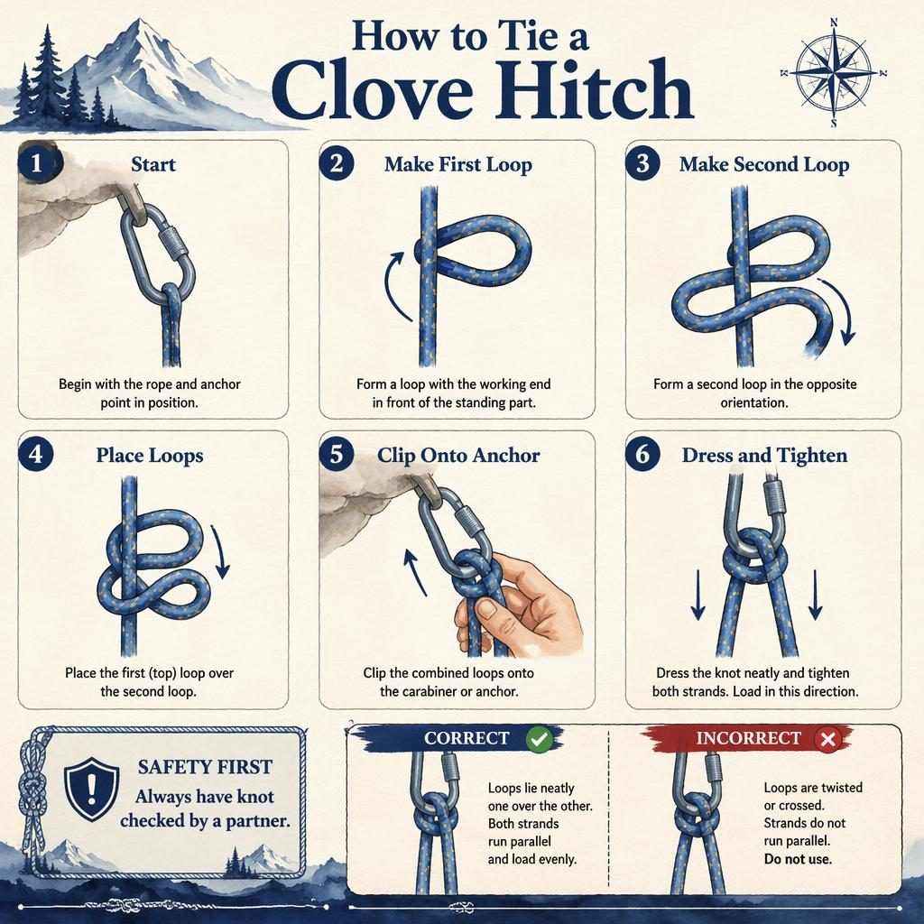 Vertical 6-step clove hitch infographic with rope, carabiner, anchor, safety callout, and correct vs incorrect finish.