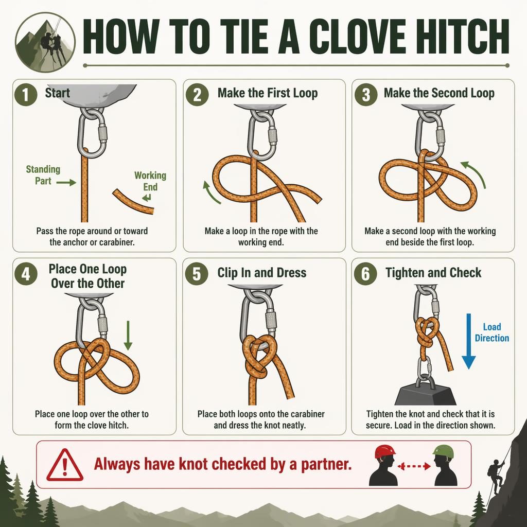 6-step clove hitch infographic with rope loops, carabiner, load arrows, and partner safety check badge.