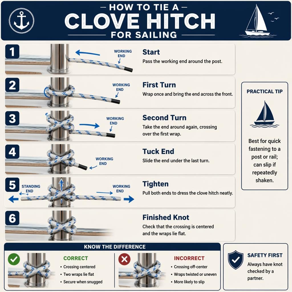 Vertical 6-step infographic showing how to tie a clove hitch on a sailboat post with arrows, labels, and final knot check.