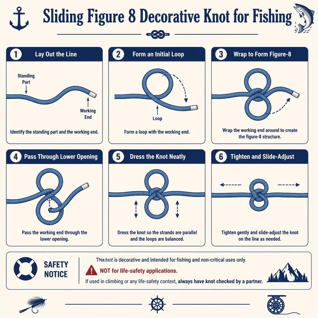6-step sliding figure 8 decorative knot infographic for fishing with navy rope diagrams, labels, arrows, and safety callout