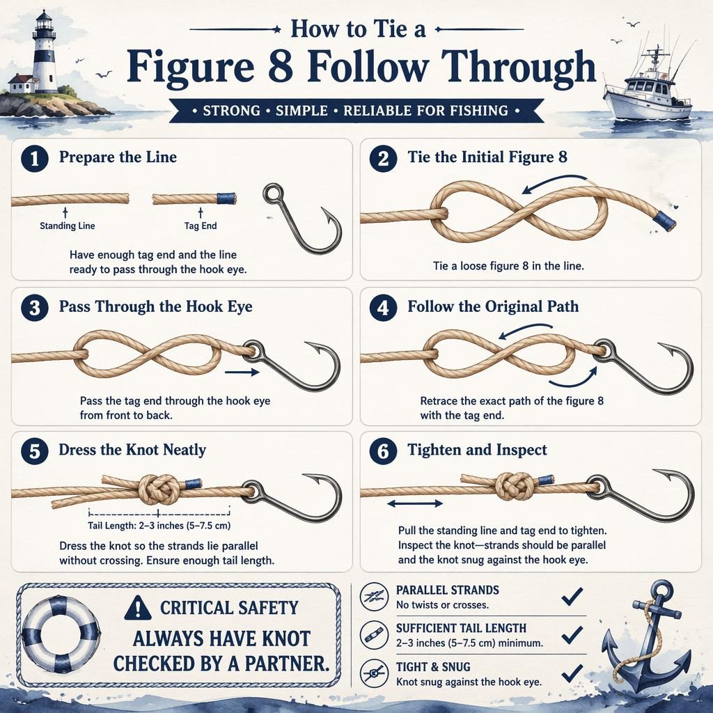 Watercolor infographic with 6 steps showing a figure 8 follow through on a hook, plus safety badge and parallel strands.