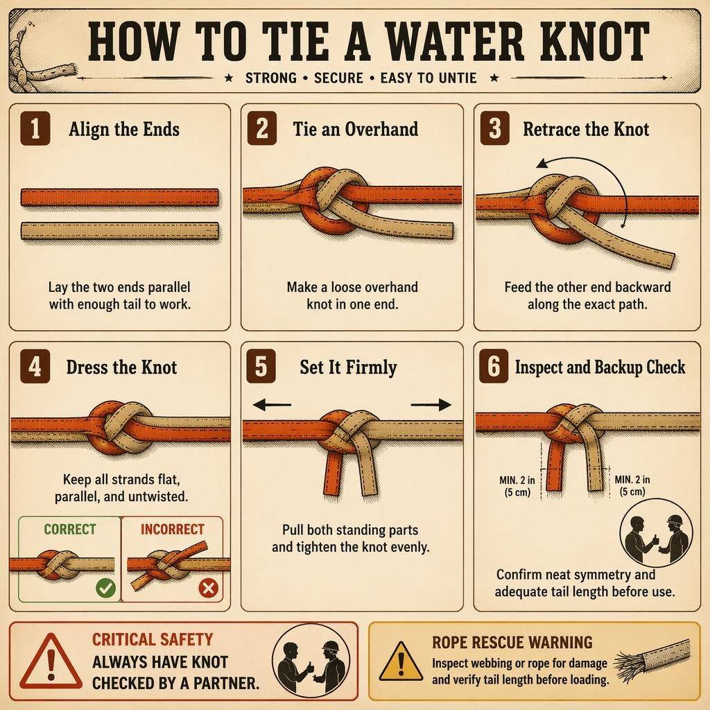 Six-step vintage handbook infographic showing a water knot in rope rescue with safety callouts and clear rope path diagrams.