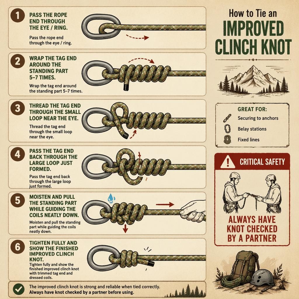 Vertical 6-step knot infographic showing how to tie an improved clinch knot with rope diagrams and safety callout.